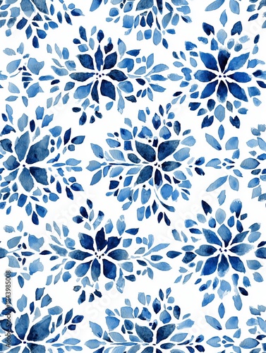 Delicate blue floral lattice pattern in watercolor style on white background  