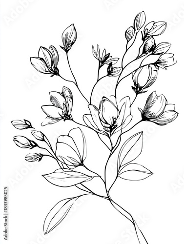 Hand-drawn floral sketch with branches and leaves in outline style  