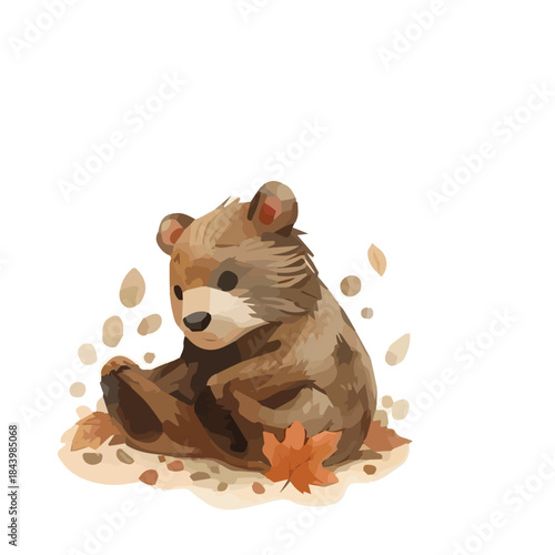 Adorable cartoon bear cub sitting amongst autumn leaves and pebbles, rendered in a charming watercolor style
