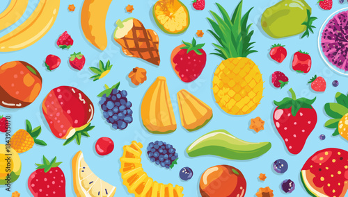A vibrant and diverse collection of fresh, ripe fruits artfully arranged on a blue background, showcasing a healthy and delicious tropical assortment perfect for summer and nutrition