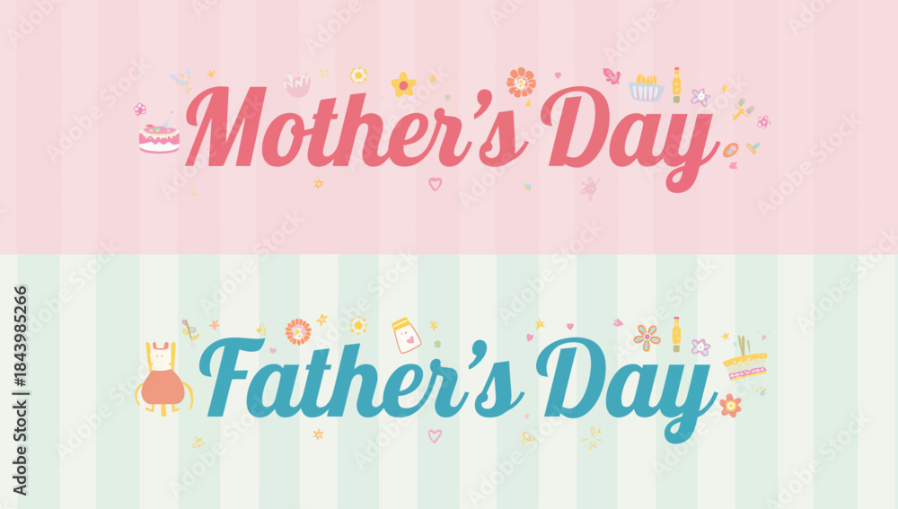 Obraz premium Vibrant celebratory banners for Mother's Day and Father's Day, featuring cheerful illustrations and charming typography perfect for honoring parents and family love
