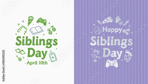 Happy Siblings Day April 10th Celebration with Festive Illustrations and Icons