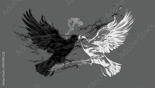 A striking black and white illustration of two doves in flight, symbolizing peace and unity