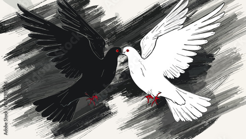 Symbolic representation of black and white doves in contrast, embodying duality and peace
