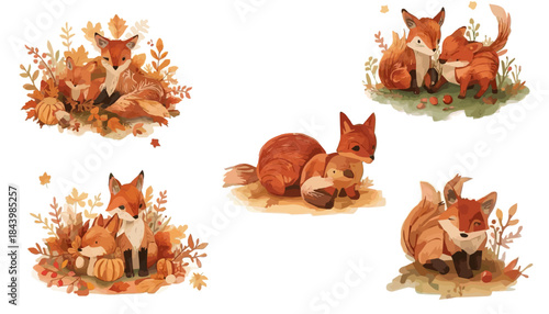 Illustrations of cute fox families, adults and kits, nestled among vibrant autumn leaves and pumpkins, capturing the cozy spirit of fall wildlife