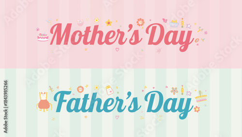 Vibrant celebratory banners for Mother's Day and Father's Day, featuring cheerful illustrations and charming typography perfect for honoring parents and family love