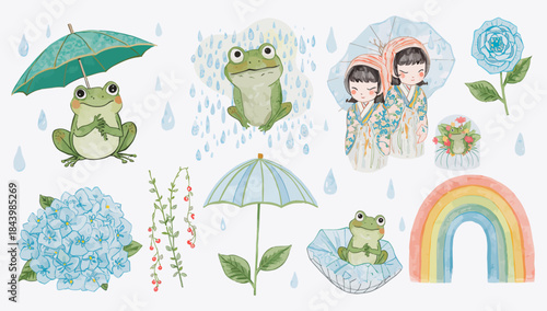 Charming Watercolor Illustrations of Frogs, Umbrellas, Rainbows, and Children in Traditional Japanese Clothing Amidst Gentle Rain