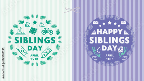 Joyful Siblings Day festive celebration graphic design with decorative icons and text on a striped background, perfect for family greeting cards