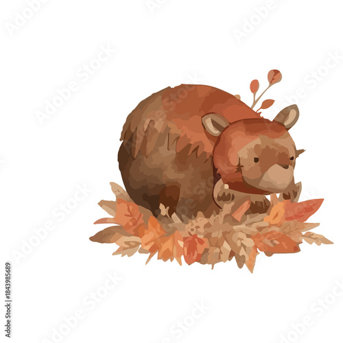 Adorable watercolor illustration of a fluffy bear cub resting amidst a cozy pile of colorful autumn leaves, evoking warmth and the essence of the fall season