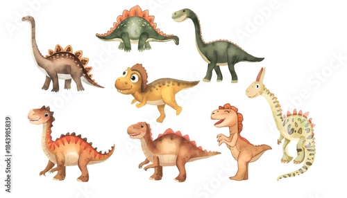 A delightful collection of various cartoon dinosaurs, perfect for children's designs, featuring playful prehistoric creatures in an engaging illustration set against a clean white background
