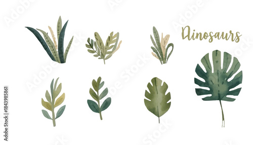 Delicate watercolor botanical collection for prehistoric and dinosaur-themed designs, featuring various jungle leaves and wild foliage elements for creative projects