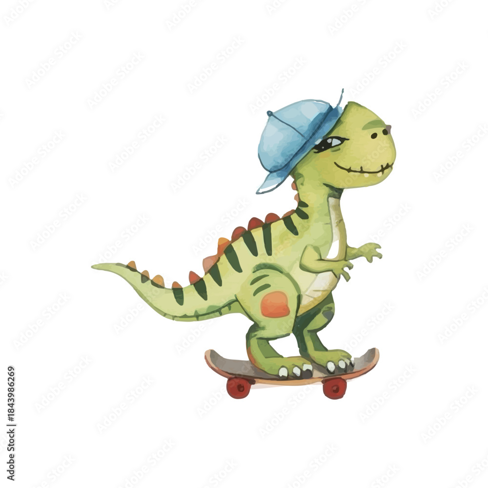 Obraz premium Charming watercolor illustration of a cool green cartoon dinosaur wearing a blue baseball cap, skateboarding with a playful smirk, ideal for children's designs and playful themes