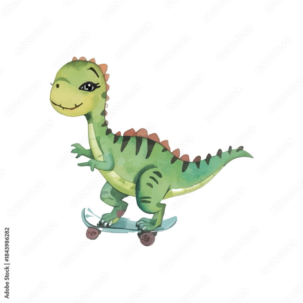 Fototapeta premium Charming watercolor illustration of a cheerful green dinosaur character skateboarding with a happy expression, perfect for children's designs and playful themes