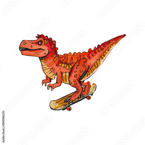 An energetic orange Tyrannosaurus Rex dinosaur creatively rides a skateboard, showcasing a dynamic and fun prehistoric scene with a vibrant artistic style