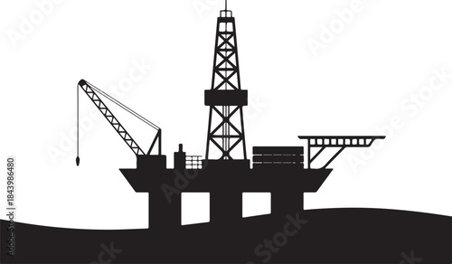 Black and white silhouette of an oil drilling platform on the ocean offshore platform