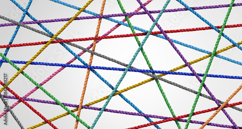 Collaboration Complexity And Diversity as a business concept as a group of tangled ropes representing interdependence or misalignment and interconnected network as a metaphor for team communication.