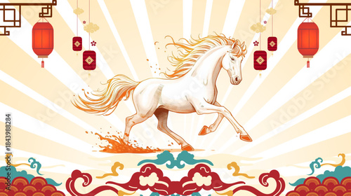 Stylized White Horse Galloping Amidst Radiant Sun Rays and Traditional Asian Lanterns