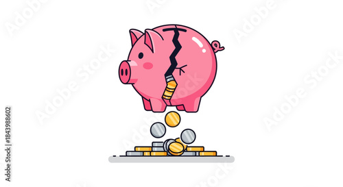 a broken piggy bank with money spilling out symbolizing financial crisis economic downturn savings loss and personal debt problems.