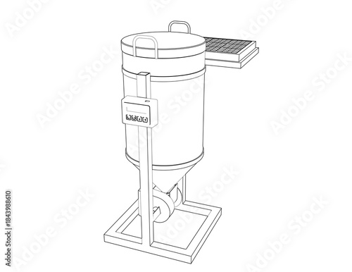 Technical Schema: Smart Solar-Powered Automatic Fish Feeder Outline Vector Drawing of Centrifugal Spreader Equipment for Modern Aquaculture and Sustainable Fish Farming Technology Diagram