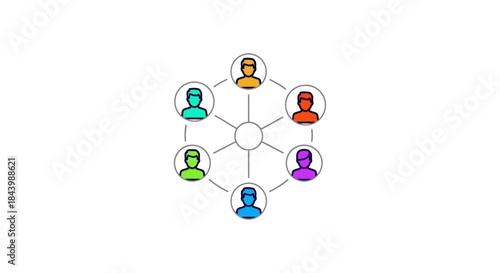 a central hub network diagram featuring diverse colorful human icons symbolizing social connections teamwork collaboration and community.