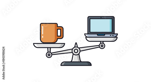 a coffee cup and a laptop precisely balanced on a scale symbolizing essential work life balance digital productivity and mindful well being.