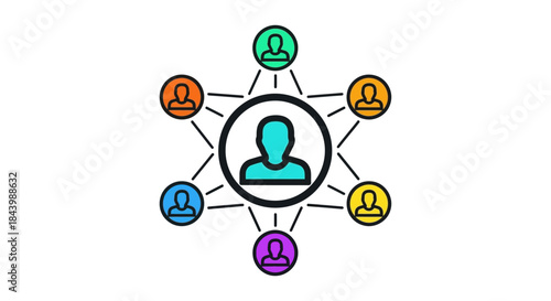 a clear social network concept graphic featuring a central user icon connected to multiple diverse individuals symbolizing community teamwork and digital communication networks.
