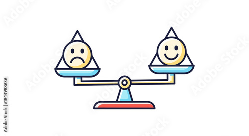 a conceptual illustration of a balanced scale with sad and happy face emojis representing emotional equilibrium and mental health for well-being.