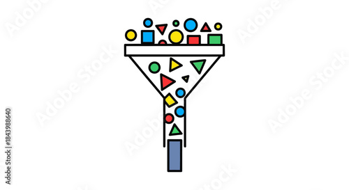a data processing funnel filtering colorful geometric shapes visually representing information analysis optimization and business intelligence.