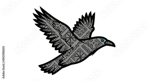 a flying raven illustration with intricate celtic knot and geometric patterns symbolizing wisdom ancient mythology and tribal art designs.