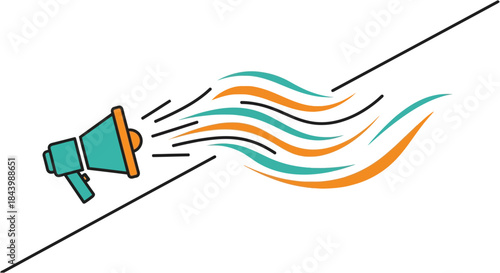 a dynamic graphic illustration of a modern megaphone broadcasting vibrant sound waves symbolizing loud announcement and marketing.