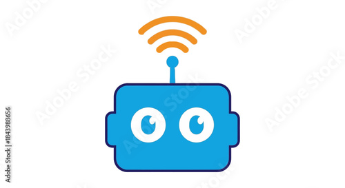 a friendly blue robot icon with an antenna emitting wireless signals symbolizing artificial intelligence internet and smart tech concepts.