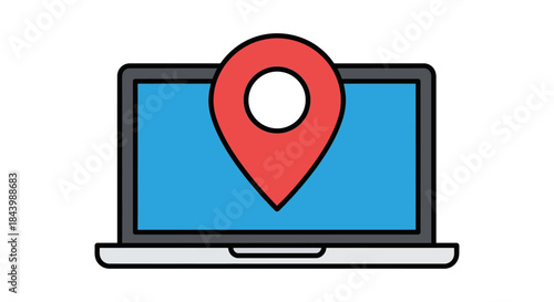 a laptop displaying a prominent location pin icon on its screen representing digital navigation online mapping and location tracking.