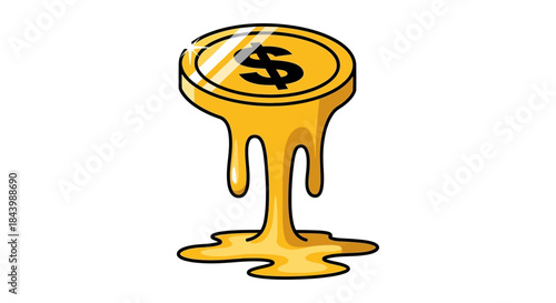 a melting gold dollar coin with a dollar sign dripping into a golden puddle symbolizing financial crisis inflation and economic devaluation.