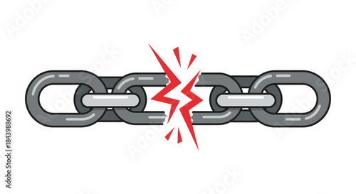 a heavy metal chain with a single broken link bursting with red energy symbolizing a weak point disruption crisis failure and freedom.
