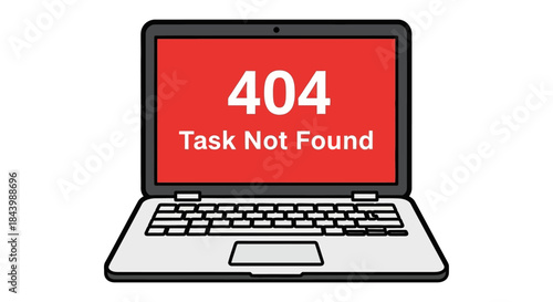 a laptop displaying a 404 task not found error on its red screen symbolizing digital malfunction software bugs and system failure.