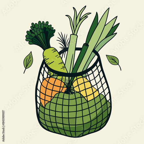Hand-drawn illustration of fresh vegetables and fruits in a reusable mesh bag representing healthy eating and eco-friendly shopping perfect for organic food concepts