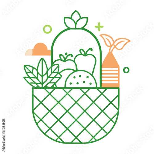 Vector illustration of a basket filled with fresh fruits and vegetables representing healthy eating and organic produce perfect for food blogs and healthy lifestyle concepts