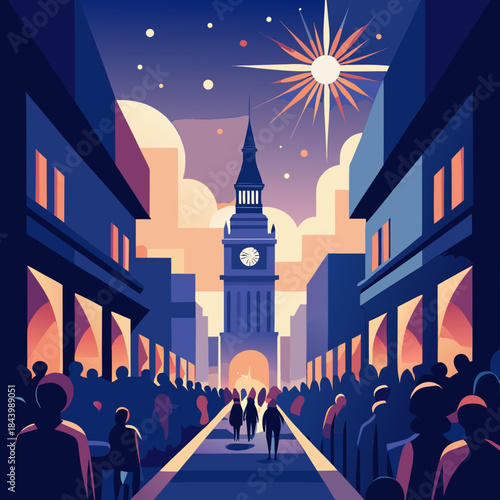 Vector illustration of a bustling city street at night with Big Ben clock tower and festive starry sky perfect for holiday or travel themes