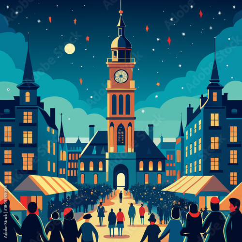 Nighttime town square with clock tower and market stalls bustling with people under a starry sky festive holiday illustration for city life and events