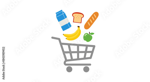 a shopping cart filling with fresh groceries like milk bread bananas and a green apple a bright flat design illustration for online food delivery healthy eating and modern retail concepts.