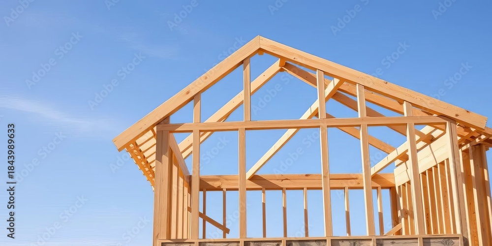 Obraz premium Partial house frame against a clear sky, showing active construction phase with wood beams and exposed structure, raw materials, residential