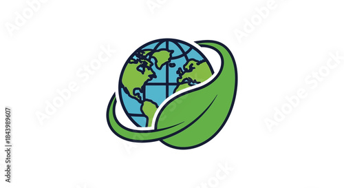 a stylized graphic icon of the earth globe partially embraced by a vibrant green leaf illustrating global environmental protection sustainability and ecological stewardship.