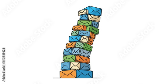a towering colorful stack of envelopes leaning precariously symbolizing overwhelming communication inbox overload and severe administrative burden.