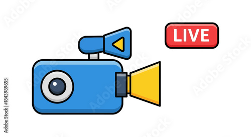 a vibrant blue video camera icon with a glowing red live button symbolizing real-time online streaming and digital media content creation.