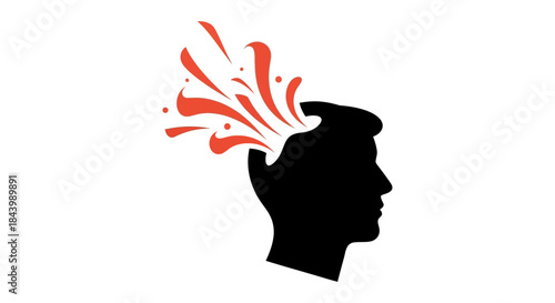 abstract head silhouette with red splashes bursting symbolizing mind explosion creative ideas inspiration mental health.