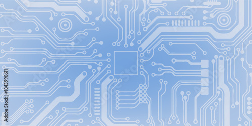 Abstract AI circuit board background. Technology connected white lines with electronics elements on tech bg. Computer motherboard with chip, and semiconductor. Elegant gray digital vector illustration