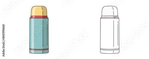 Vector illustration of a minimal thermos flask or vacuum bottle with a cup lid in two styles a colored version and a black and white outline drawing