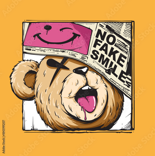 A playful hand-drawn vector of a sleepy teddy bear hidden beneath a bold “NO FAKE SMILE” newspaper
