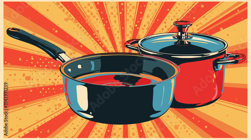 Pop Art Cookware Set Frying Pan Pot Retro Kitchen Illustration
