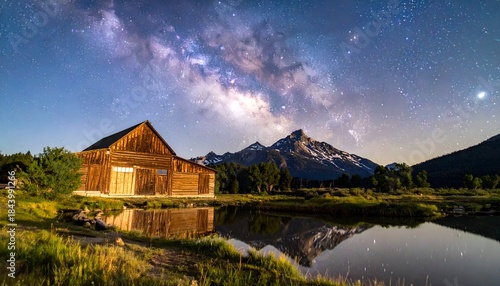 Grand Teton Barn Under the Milky Way Reflection at Night.